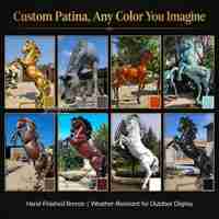 Estatua de Caballo de Bronce en Pose de Levantamiento, Pátina Marrón Rojiza, Crin Oscura, Realista y Musculoso, Decoración para Jardín, Patio Trasero, Hecho a Mano