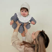 Robe vintage à carreaux pour bébé fille, avec col à volants en dentelle, tenue décontractée à manches longues, bonnet en tricot assorti pour tout-petits