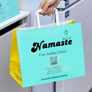 Custom Printed Logo Eco-Friendly Disposable Recyclable Biodegradable Kraft Paper <b>Bags</b> Flat Handles for Indian Cuisine Restaurant - Product Image 6