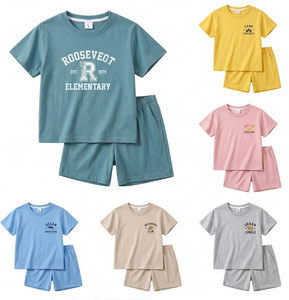 Ensembles vintage d'été pour enfants en gros, motifs universitaires variés, col rond, manches courtes, sans manches, 100 % coton - Product Image 1