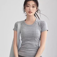 Haut de yoga à col rond pour femme, manches courtes, extensible, respirant, sans coutures, idéal pour le Pilates et la course à pied