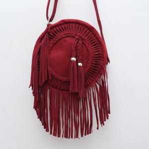 Red Round Suede Bohemian <b>Fringe</b> <b>Bag</b> With Drawstring Closure For Daily Use - Product Image 1