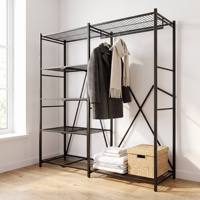 Porte-vêtements industriel en métal à deux niveaux et 5 étagères, revêtement poudré, antirouille, robuste, pour armoire, garage, chambre, entrée, bureau