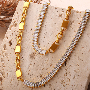 Stainless Steel Zircon Necklace And <b>Bracelet</b> <b>Set</b> 18K Gold Plated Geometric Design Unisex Hip Hop Jewelry Gift <b>Set</b> - Product Image 2