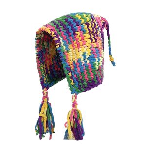 Gorro de Punto Hecho <span class=keywords><strong>a</strong></span> Mano SOLPOP con Orejeras, Cálido, Grueso, con Rayas Coloridas, Borlas Tejidas, Gorro Holgado de Chenilla con Cable de Ganchillo - Product Image 1