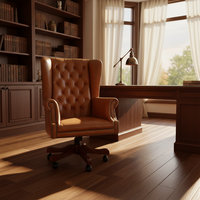 Chaise de salle à manger exécutive pivotante réglable en cuir de luxe, dossier haut, marron vintage, capitonnée, avec base en bois, pour la maison, l'atelier, l'hôtel