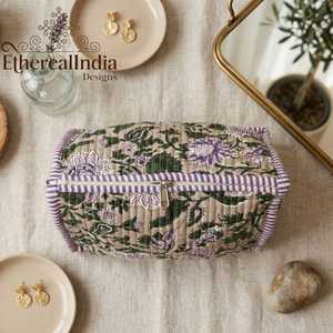 Block Print Floral Quilted Cosmetic Bag Cotton Makeup Organizer Travel Toiletry Zipper <b>Pouch</b> - Product Image 5