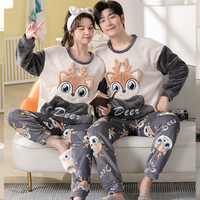 Pyjama d'hiver pour couple, en flanelle, ample, col rond, style coréen, pour homme et femme, doux et chaud, manches longues, ensemble deux pièces