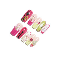 24 faux ongles à presser, forme amande, motifs coccinelle, abeille, kiwi, fruit du dragon, avec gelée et lime à ongles, vente en gros et dropshipping