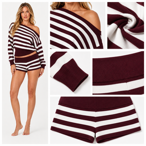 Fabricant de tricots OEKO-TEX – Ensemble décontracté pull rayé et short pour femme, haut épaules dénudées, OEM, marque privée, vente en gros - Product Image 2