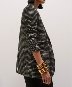 Blazer en laine et polyester pied-de-poule pour femme, manches trois-quarts, col cranté, simple boutonnage, infroissable, style automne - Product Image 1