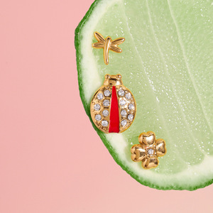 Stud <b>Earrings</b> Insect Ladybug Design Gold <b>Red</b> Crystal Stainless Steel Gift Jewelry - Product Image 3