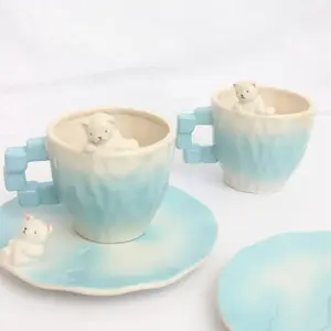 Lelyi手绘可爱3D北极熊陶瓷杯和盘子ins个性化创意咖啡杯套装