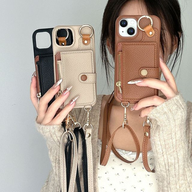 For Apple 16 Pro Max Makeup Mirror Phone Case Card Slot Storage iPhone 16e 15 14 13 Plus Long Lanyard Plain Leather Wallet Case