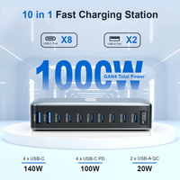 Station de charge GaN 1000W, chargeur de bureau USB C 10 ports, PD 3.1, chargeur rapide pour plusieurs appareils, bureau, ordinateur portable, tablette