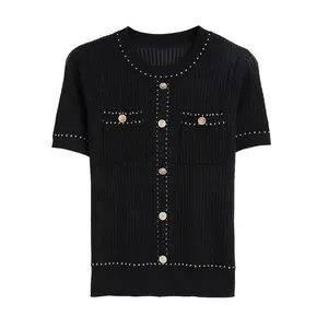 Groothandel button down vrouwen korte mouwen vest-Vrouwen Casual Trui Shirt Korte Mouw V-hals Button Down Knit Vest Trui