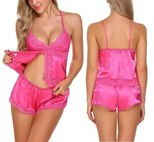 Großhandel Dessous Günstige Spitze Sexy Dessous Frauen Sexy 2pcs Camisole Boyleg Set Satin Pyjamas Transparent Standard Pink Sexy Hot