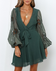 Abito da donna personalizzato con scollo <span class=keywords><strong>a</strong></span> V in pizzo con maniche <span class=keywords><strong>a</strong></span> <span class=keywords><strong>palloncino</strong></span> abito in vita Sexy <span class=keywords><strong>taglie</strong></span> <span class=keywords><strong>forti</strong></span> Casual Mini abito - Product Image 5