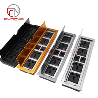 Enchufe de Sobremesa Empotrado de Aleación de Aluminio con 4 Tomas Universales y 2 Puertos RJ45, Tapa Abatible y Acabado Cepillado para Escritorio de Oficina y Sala de Conferencias (Estándar EE. UU.)