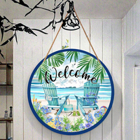 Hiasan Dinding Kursi Pantai Musim Panas, Papan Nama Pintu, Bunga, Karangan Bunga Kayu Bundar Rustic 12"x12", Dekorasi Teras Luar Ruangan, Taman Luar Ruangan