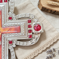 Crucifix en argent HT 28 cm avec incrustations de rubis et de cristaux, croix décorative de Jésus avec poignée, cadeau de décoration pour la maison chrétienne catholique
