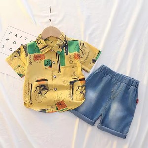 Ensemble chemise en coton pour enfants, nouveau style, avec imprimé floral, haut jaune et short en jean bleu, tenue d'été, vêtements pour enfants, garçons et filles - Product Image 5