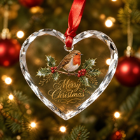Ornement en verre cristal transparent en forme de cœur avec logo personnalisé disponible, idéal pour Noël, les nœuds, les couronnes, l'art et les souvenirs de Noël