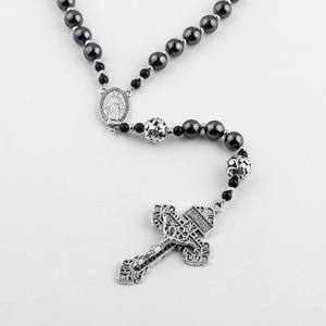 Collier de prière en hématite de 8 mm, chapelet de la Vierge Marie avec pendentif croix de Jésus, bijoux pour hommes - Product Image 4