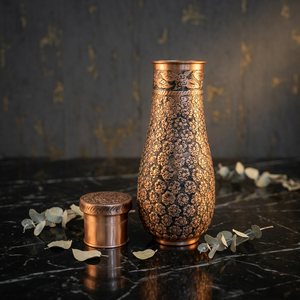 Premium Antique Embossed Pure Copper Bedside Carafe Jar 1500ml Full Flower Carved Ayurvedic Pot Luxury Wellness Metal Drinkware - Product Image 2