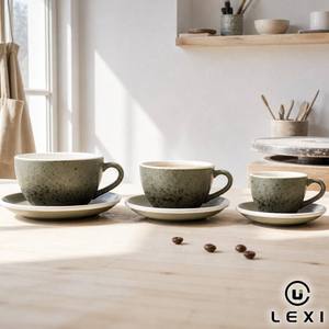 Set di <span class=keywords><strong>Tazze</strong></span> e Piattini in Porcellana Grigio Oliva Opaco Maculato, Tre Misure <span class=keywords><strong>per</strong></span> Espresso, Cappuccino, Latte 80ml, Interno Bianco Lucido Durevole LEXI - Product Image 2