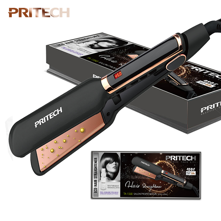 PRITECH оптовая продажа, подставочная тарелка в золотой, выпрямитель для волос с керамическим покрытием Plancha De Cabello нано-титановый выпрямитель для волос с ЖК-дисплеем