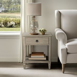 Table de chevet en bois gris recyclé, 1 tiroir, étagère de rangement, meuble de chambre à coucher - Product Image 3