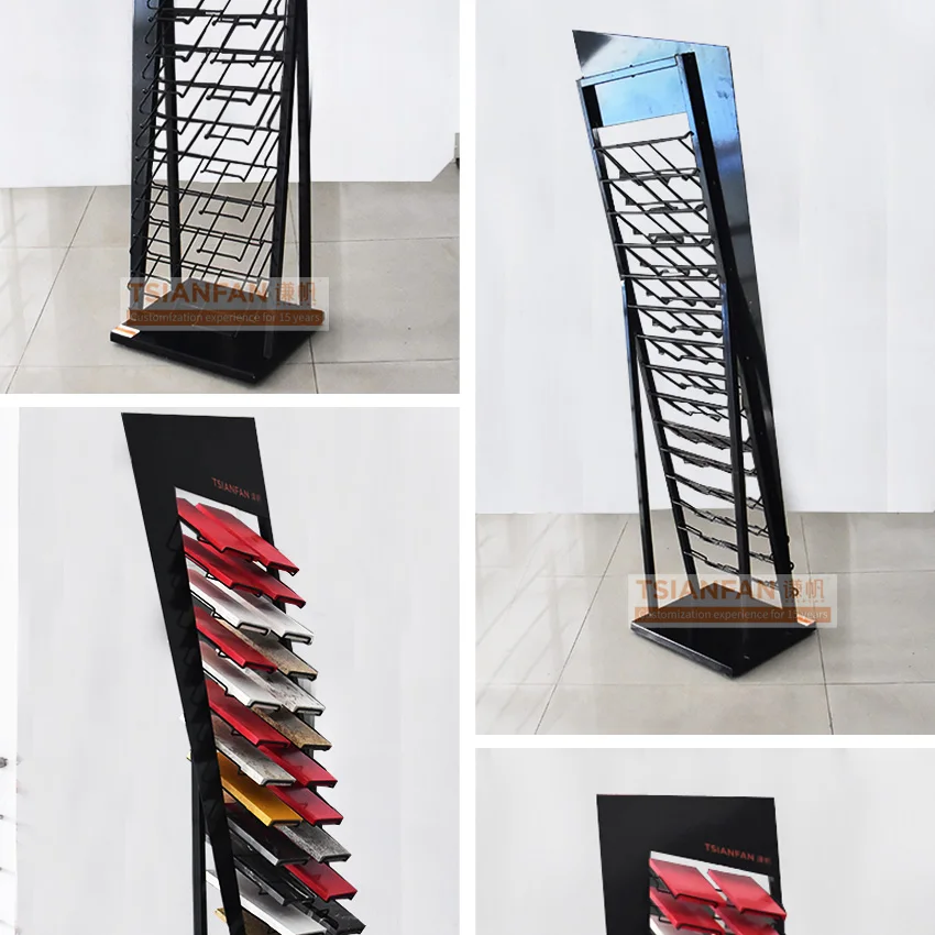 Hot sale natural quartz stone showroom flooring standing cheap system design metal marble sample tile display rack