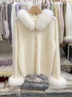 26 Cardigans en tricot de luxe pour femmes avec col en vraie fourrure de renard, pulls chauds au crochet, manteaux à poignets en fourrure de renard, hauts en peluche pour femmes, vêtements d'automne