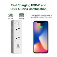 Stop Kontak Ekstensi Listrik 13A, 125V, 2 Stop Kontak dengan Port Pengisian Daya USB-A & USB-C, Soket Standar AS dengan Lampu LED