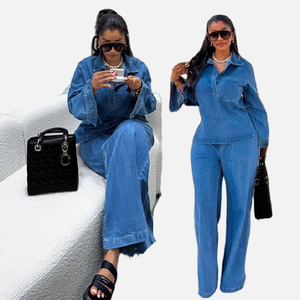 Abito <span class=keywords><strong>in</strong></span> <span class=keywords><strong>Denim</strong></span> Y6561 da donna con risvolto a manica lunga + Set di Jeans dritti con lacci per donna Set <span class=keywords><strong>Denim</strong></span> da donna - Product Image 1