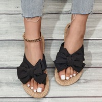 Sandalias de Plataforma Tejidas de Lino con Lazo Grande para Mujer, Logotipo Personalizado, OEM, ODM, Fábrica Certificada, Tela Arrugada, Punta Abierta, Estilo Espadrille