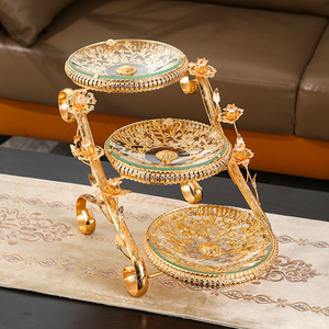 Luxury Gold Creative Food Shelf Home Hotel Dry Fruit 3 <strong>Plates</strong> Serving Crystal Glass Tray Decorative <strong>Cake</strong> Stand Fruit <strong>Plate</strong>