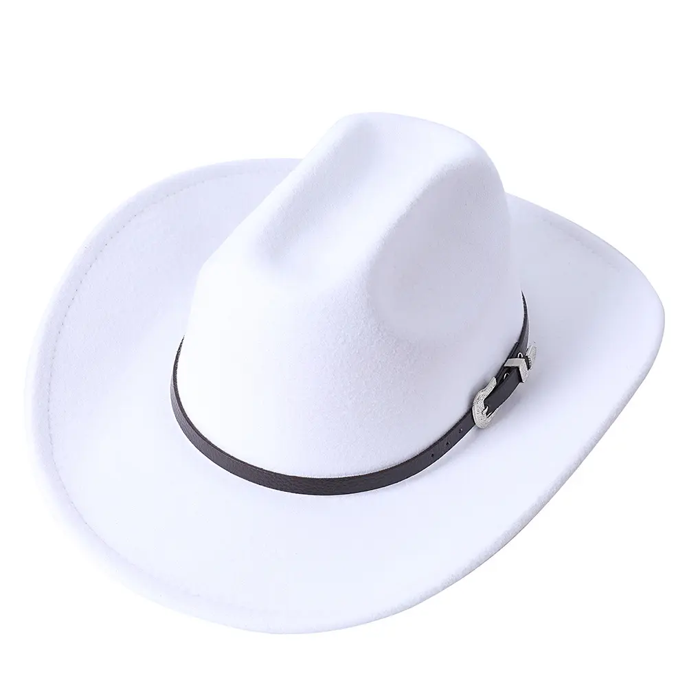 CEN-063 con hebilla de cinturón de cuero y metal para hombre y mujer, sombrero occidental liso clásico para invierno, 100% de lana, fieltro de poliéster, vaquero