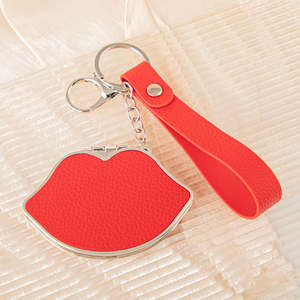 Lip Shaped Metal Frame Plastic <b>Compact</b> <b>Mirror</b> Keychain Double-Sided Folding Silver Finish Travel Pocket Purse Charm - Product Image 2