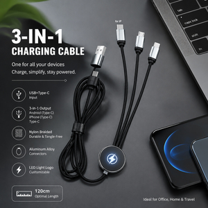 <span class=keywords><strong>Chargeur</strong></span> de téléphone multi-appareils personnalisé avec éclairage, charge rapide, nylon universel, USB PD 3, <span class=keywords><strong>5</strong></span> en 1, câble avec logo lumineux pour cadeaux promotionnels - Product Image 2