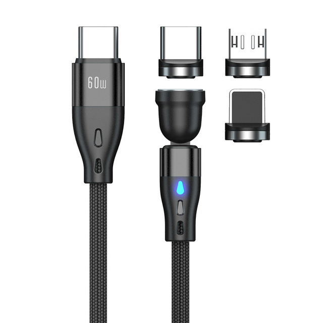 3-in-1 Fast Charging 540/360/180 Degree Rotation USB Magnetic Cable Right-Angle Support for Data Compatible iPhone 3A/5A/6A