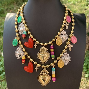 Collares de cadena de bolas de oro de estilo popular, collares de Amore con letras metálicas, collares de corazón esmaltados con Cruz de La Virgen María, de estilo popular, en venta al por mayor - Product Image 1