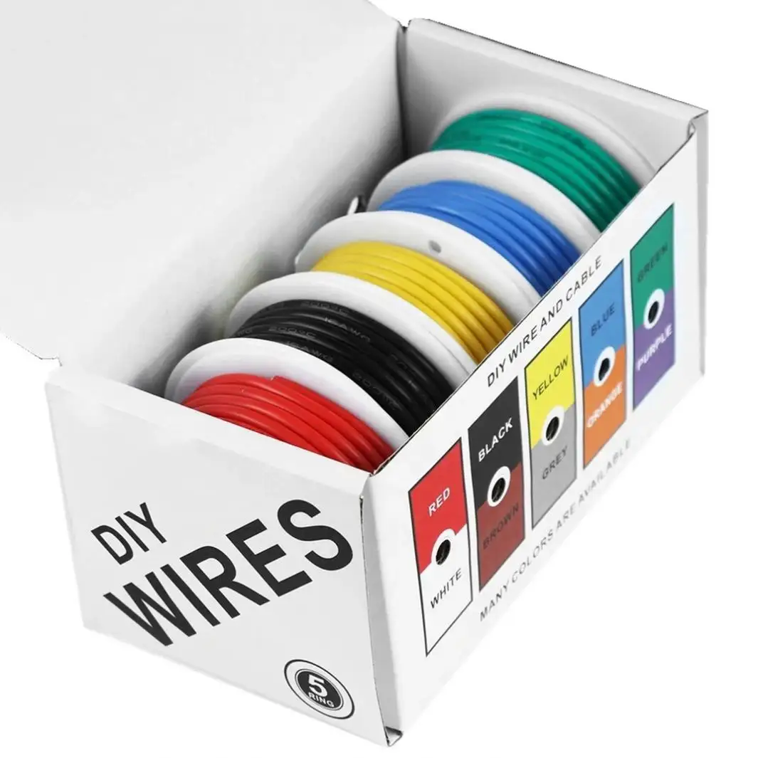 20AWG/22AWG/24AWG/26AWG/28AWG esnek silikon tel ve kablo bir kutuda 5 renk karışık tel kalaylı DIY yüksek kaliteli saf bakır