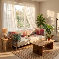 Sofá de Tela con Parches Étnicos Retro, Inspirado en Líneas Rectas, para una Decoración Colorida y Vintage de la Sala de Estar