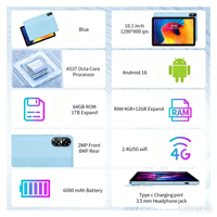 Tablette Android 16 de 10,1 pouces, 4 Go 64 Go, Wi-Fi 6, Widevine L1 avec personnalisation de logiciels OEM et mode Kiosque pour entreprises