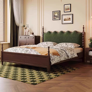 Vintage Style Solid Wood Upholstered <b>Bed</b> 1.8m Master Bedroom Double <b>Bed</b> Retro Wave Headboard American Soft Fabric Bedroom - Product Image 1