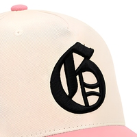 Topi Baseball Snapback Denim Premium Warna Krem Pink Bordir Logo 3D Custom Huruf Old English Terstruktur 5 Panel Topi Olahraga Unisex