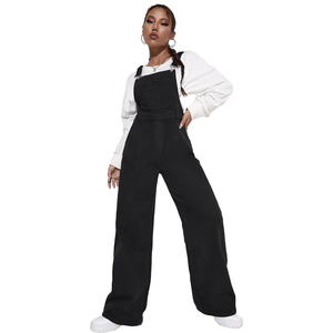 <strong>Women</strong> Sleeveless Sustainable Denim <strong>Dungaree</strong> Jumpsuit Pant Wide Leg Denim <strong>Black</strong> Overalls - Product Image 1