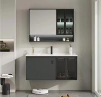 Ensemble de meubles de salle de bain modernes, armoire murale en aluminium noir nid d'abeille avec lavabo simple, portes transparentes doubles, miroir, rangement
